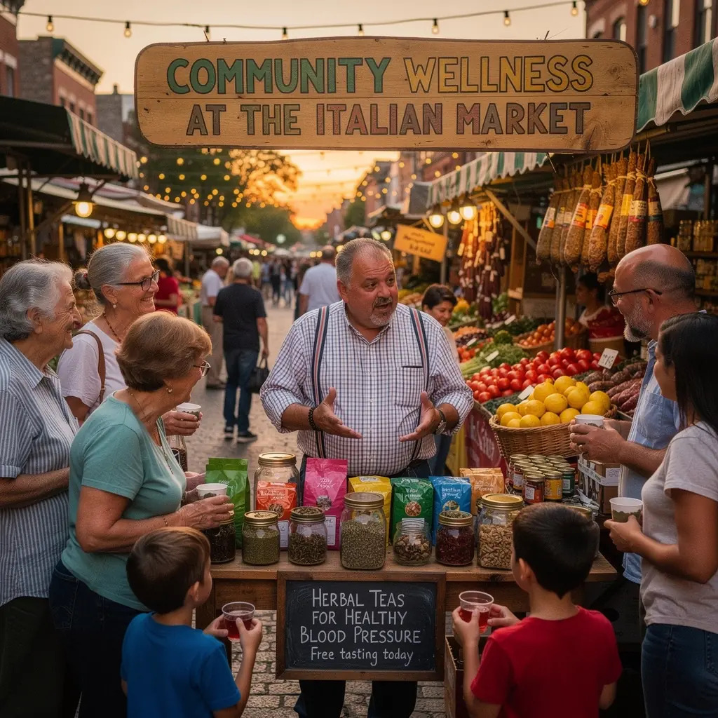 Tazza di tè fumante con erbe salutari per la pressione sanguigna.