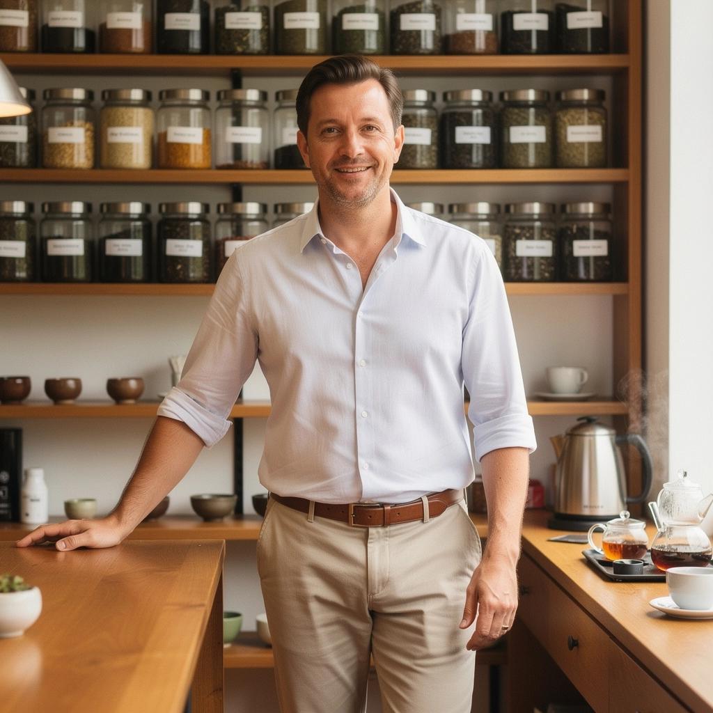 Una tazza di tè fumante con foglie di tè verde e limone sul tavolo.